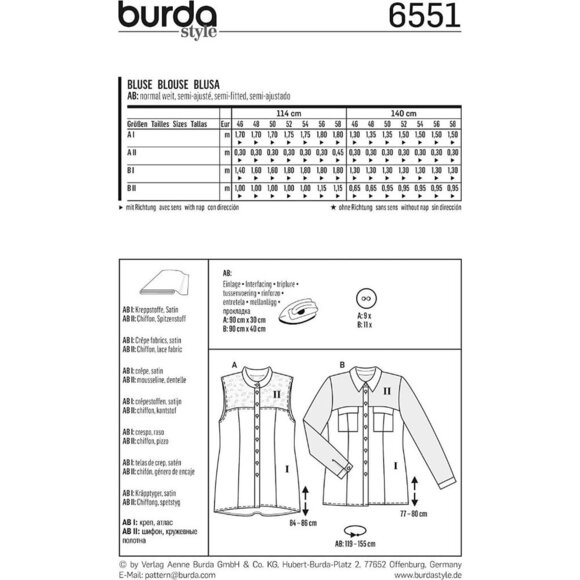 Burda Sewing Pattern 6551 Blouse Misses Size 20-32 - Picture 3 of 3